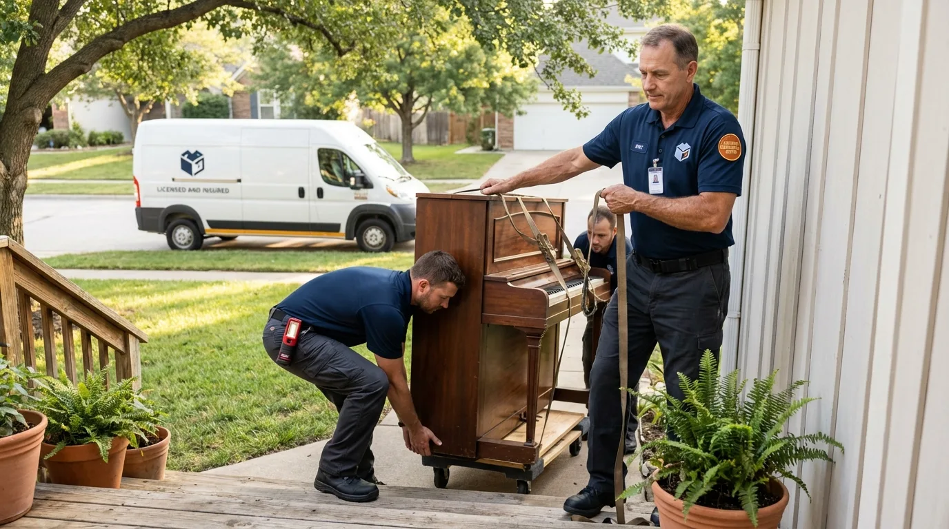 Licensed piano movers securing grand piano in Colville, WA