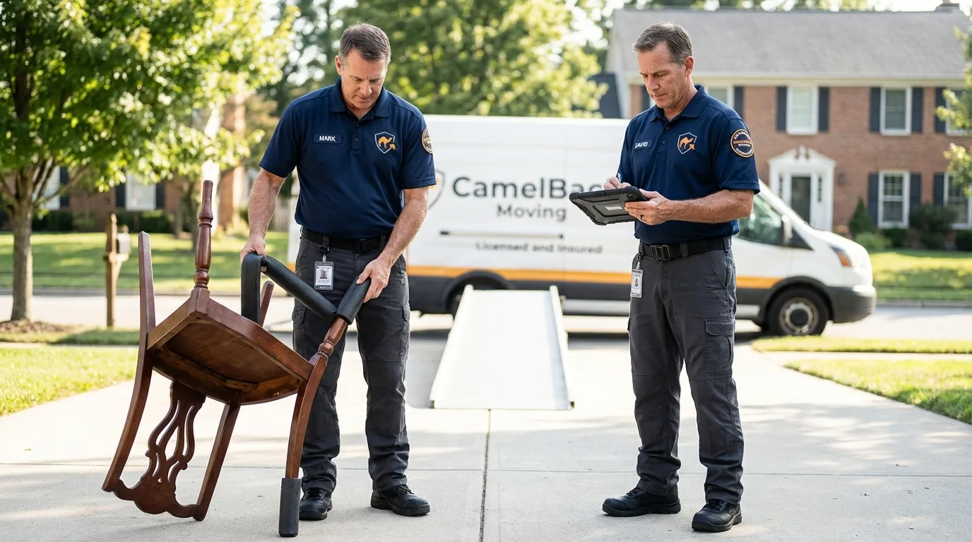 Movers inspecting furniture for damage prevention before loading in Colville, WA