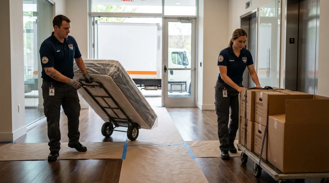 Professional apartment movers loading elevator in Colville, WA
