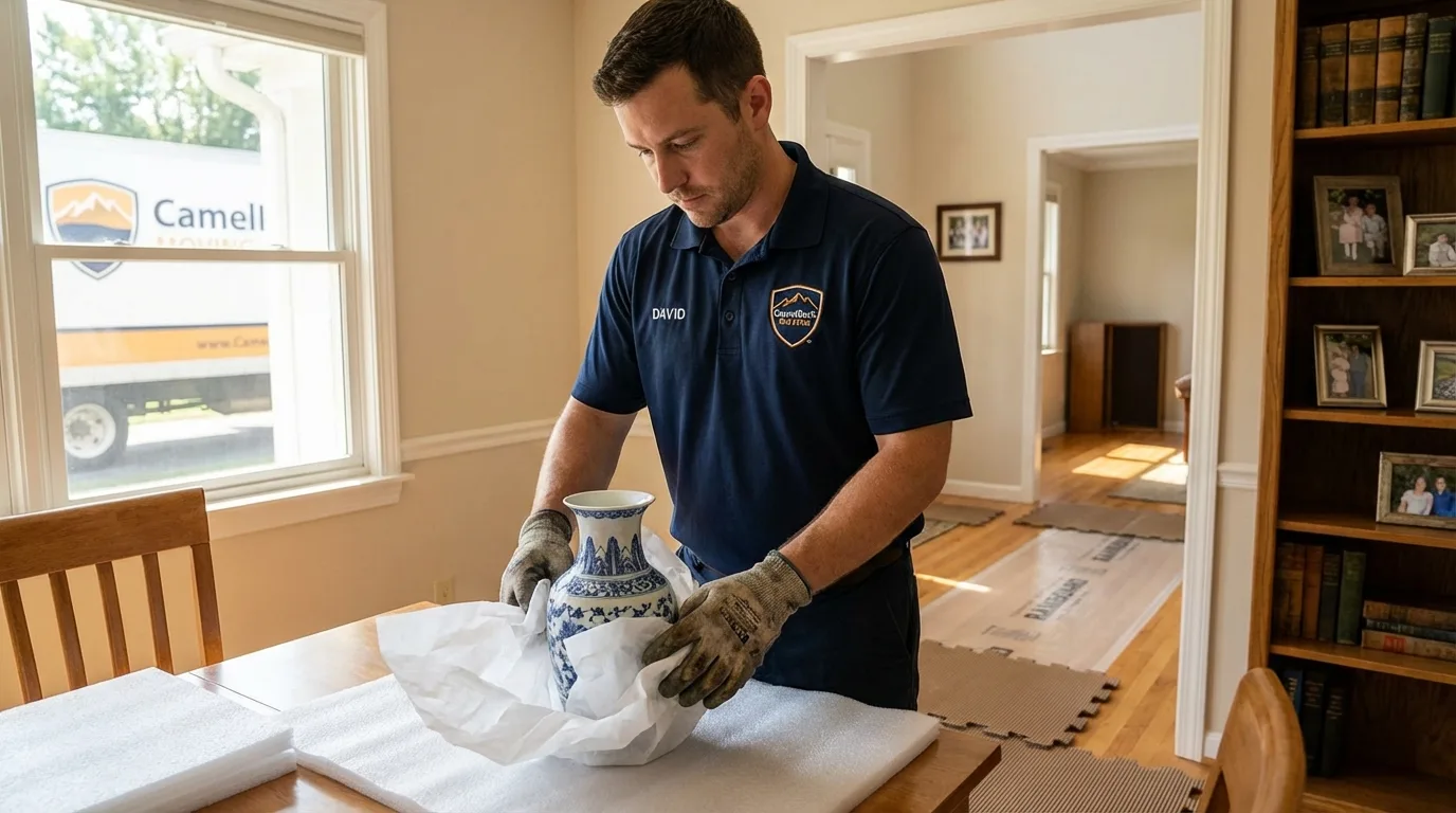 Professional crew carefully wrapping antique vase for senior downsizing move in Colville, WA